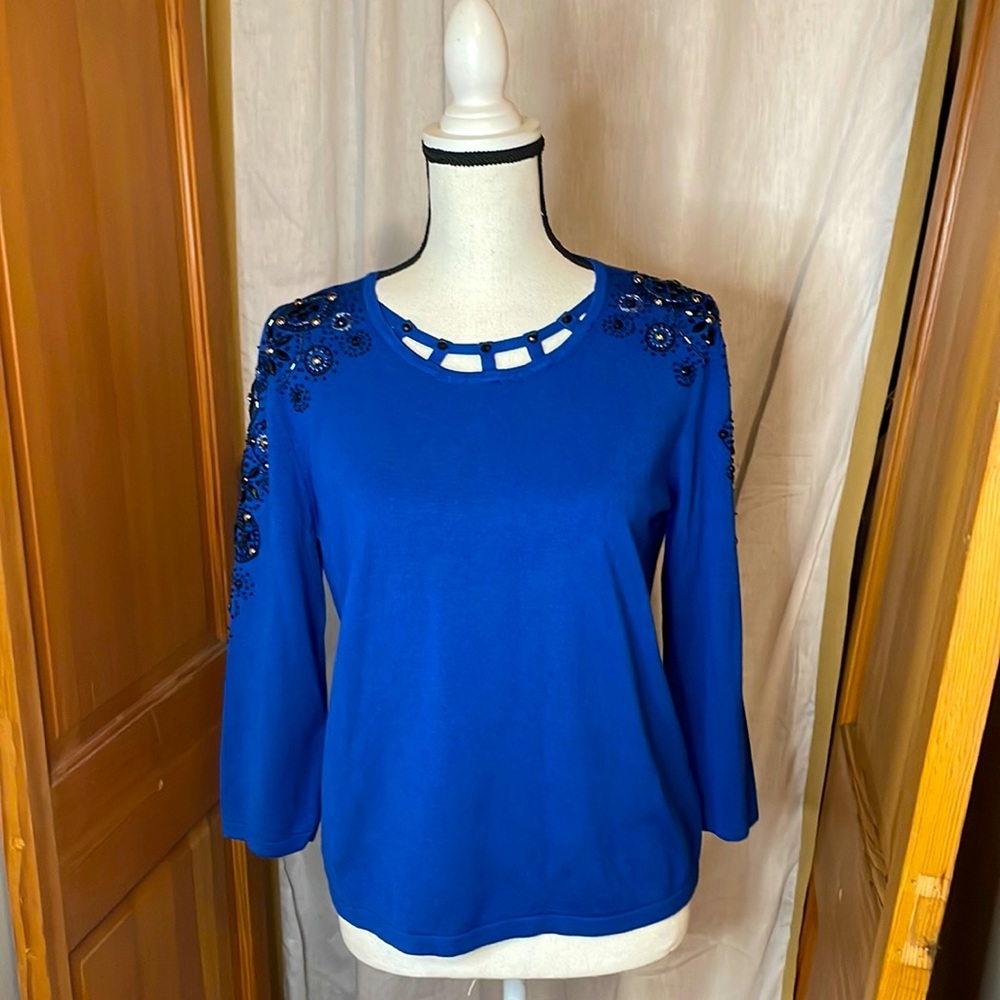 Alfred Dunner navy blue beaded pullover top size PL
